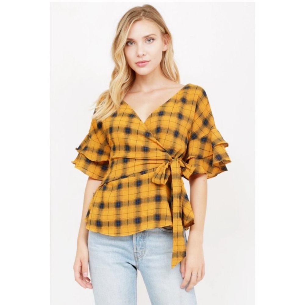 Mustard Plaid Check Ruffle Sleeves Wrap Tie Blouse